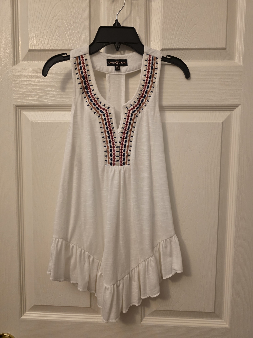 Almost Famous White Tank with Multicolor Embroidered Neckline